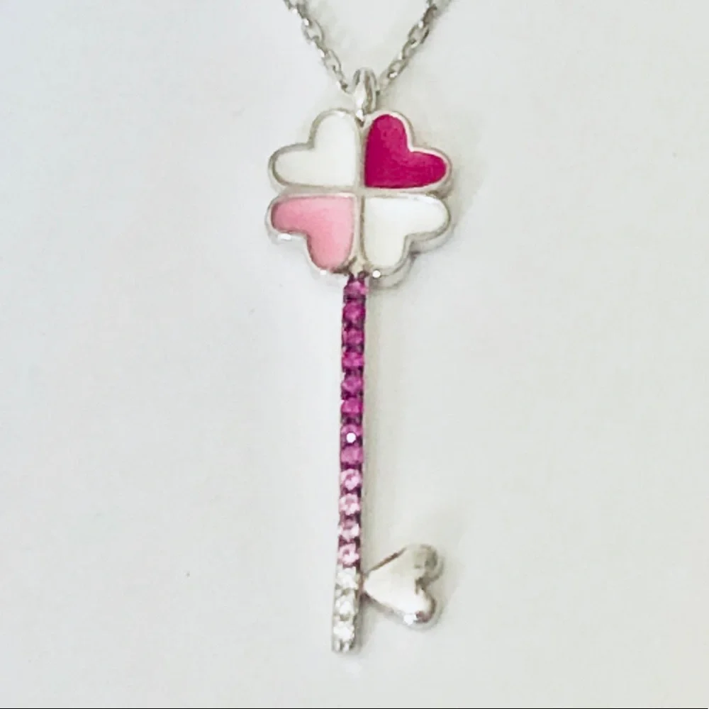 925 Silver pink heart clover key cz necklace